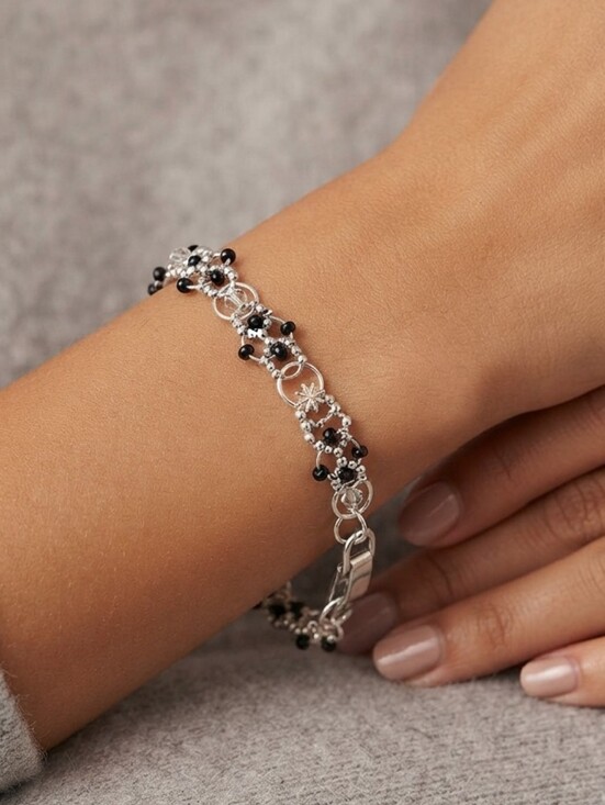 Jewelry - Women's Black And silver Beaded Embellished Statement Bracelet